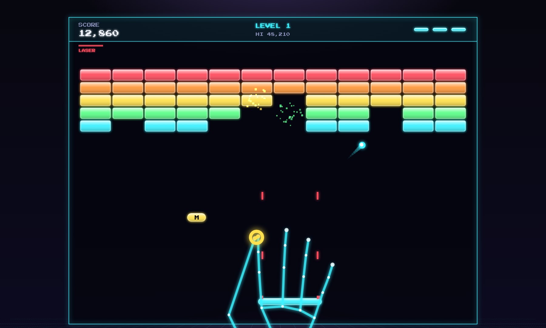 Handheld: a glowing outline of a hand steering the paddle in a neon brick-breaking game