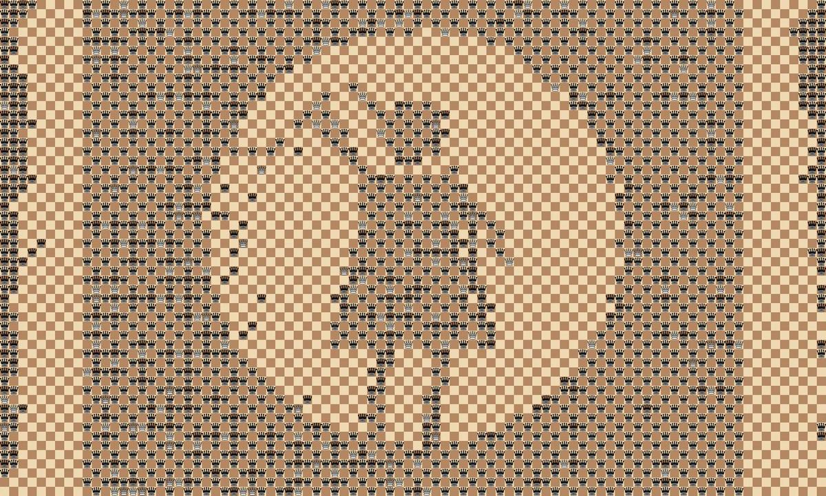 Chess Video: a dancing silhouette in a spotlight, drawn by black and white queens on a tan chessboard