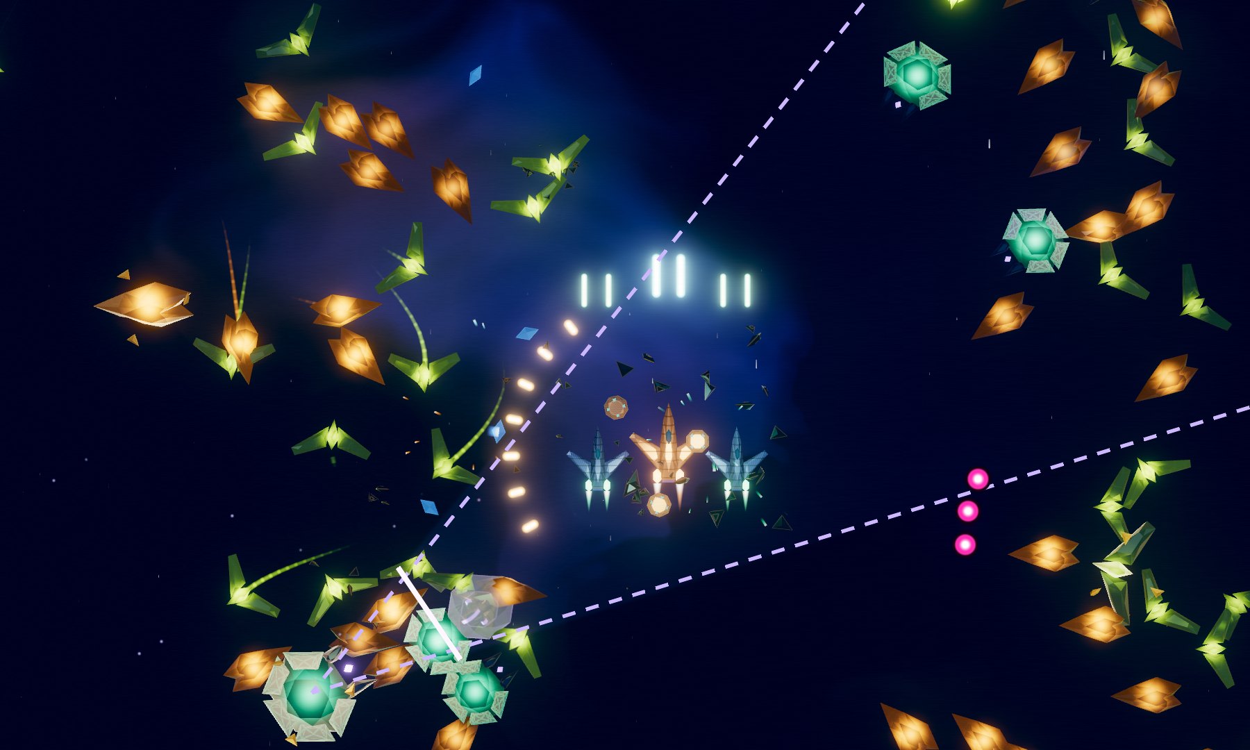Off the Rails: a bronze fighter and two steel-blue wingmen firing upward through a blue nebula into a swarm of glowing amber and green crystal ships, while an armored emerald Warden aims a dashed lilac capture beam at them and magenta enemy shots close in from the right