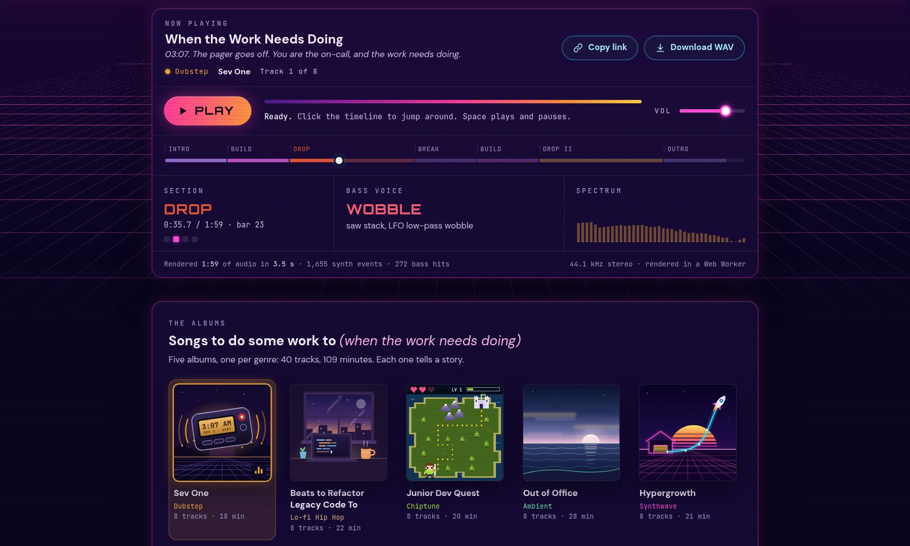 Zero Samples: a synthwave music player paused in the drop of the first track, above a shelf of five album covers, one per genre, from an on-call pager at 3:07 AM to a rocket riding a hockey-stick chart